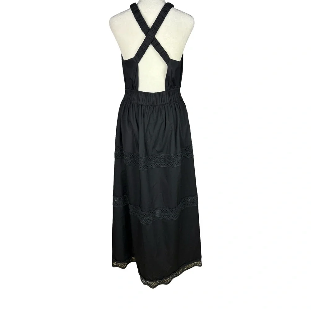 Abercrombie & Fitch Black Crochet Trim Maxi/ Midi Dress Relaxed Fit Cottagecore